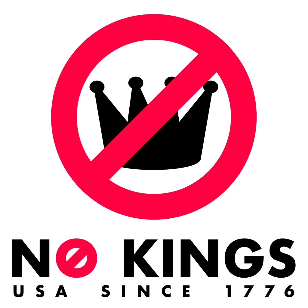 A big red circle with a line through it over the silhouette of a crown. Below, it reads:
NO KINGS
USA SINCE 1776