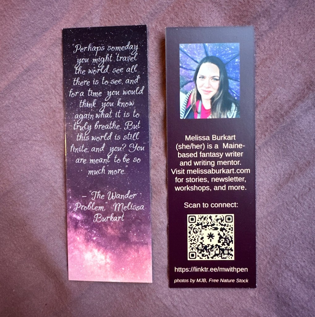 Two bookmarks against a mauve background. The one on the left has a quote from my story The Wander Problem against an image of a pink and purple sky. The righthand bookmark shows the back with my author photo above a brief bio, above a QR code for my linktree