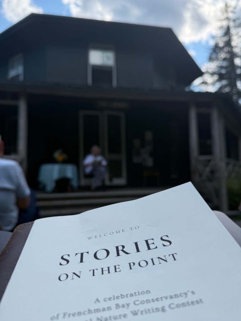 An in-focus program in the foreground, white paper that reads WELCOME TO STORIES ON THE POINT, with an out-of-focus background where someone in a white shirt is sitting on a covered porch to read to an audience