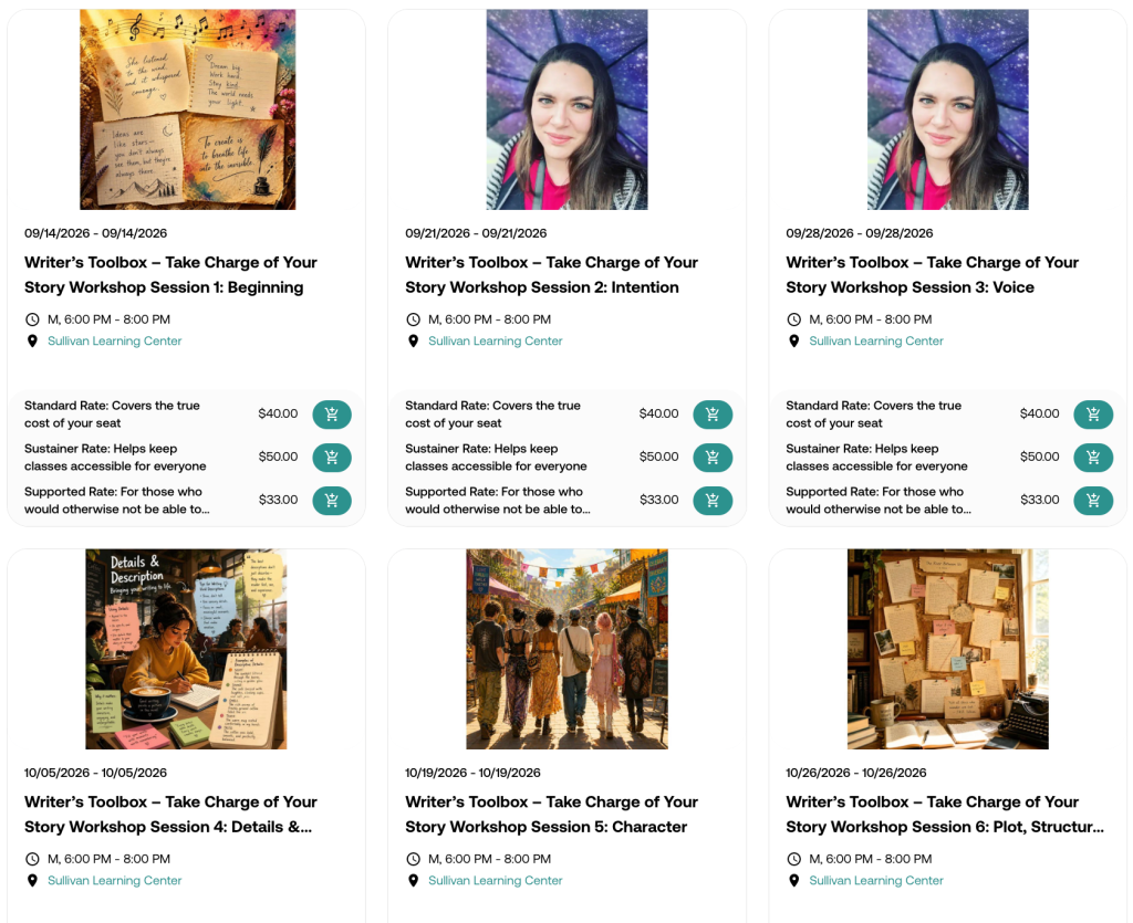 A screenshot showing a grid of my six workshops I'll be teaching this fall