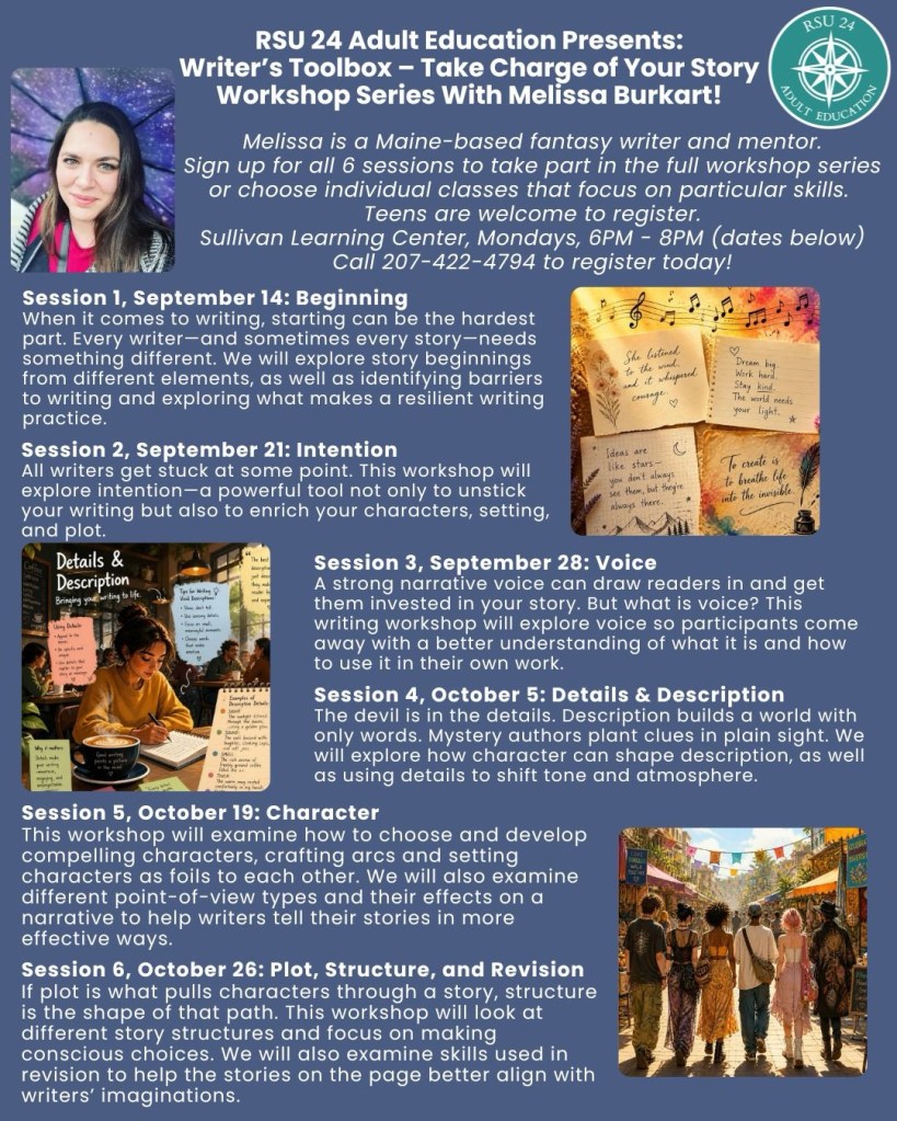 Flyer for my Writer's Toolbox workshop series through Adult Ed for fall 2026